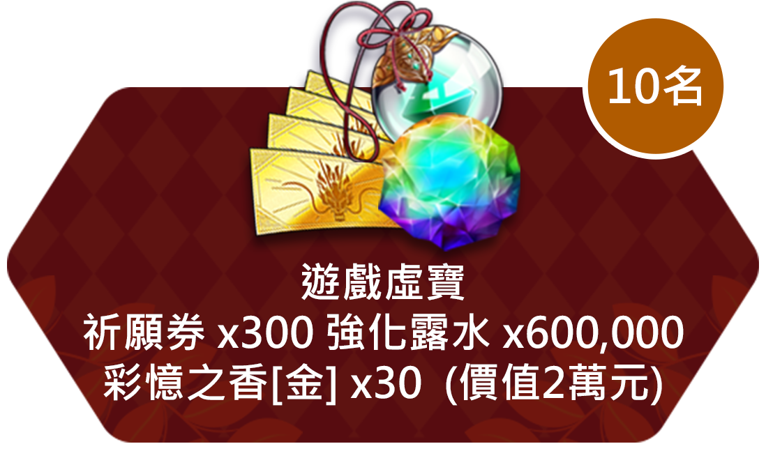 遊戲虛寶祈願券 x300 強化露水 x600,000彩憶之香[金] x30  (價值2萬元)